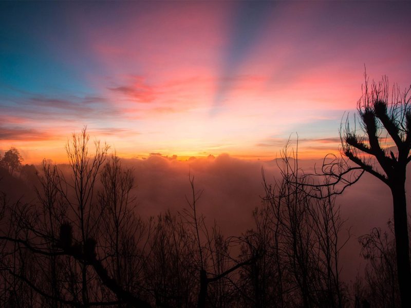 A colourful sunrise on the viewpoint of Bromo mountain
